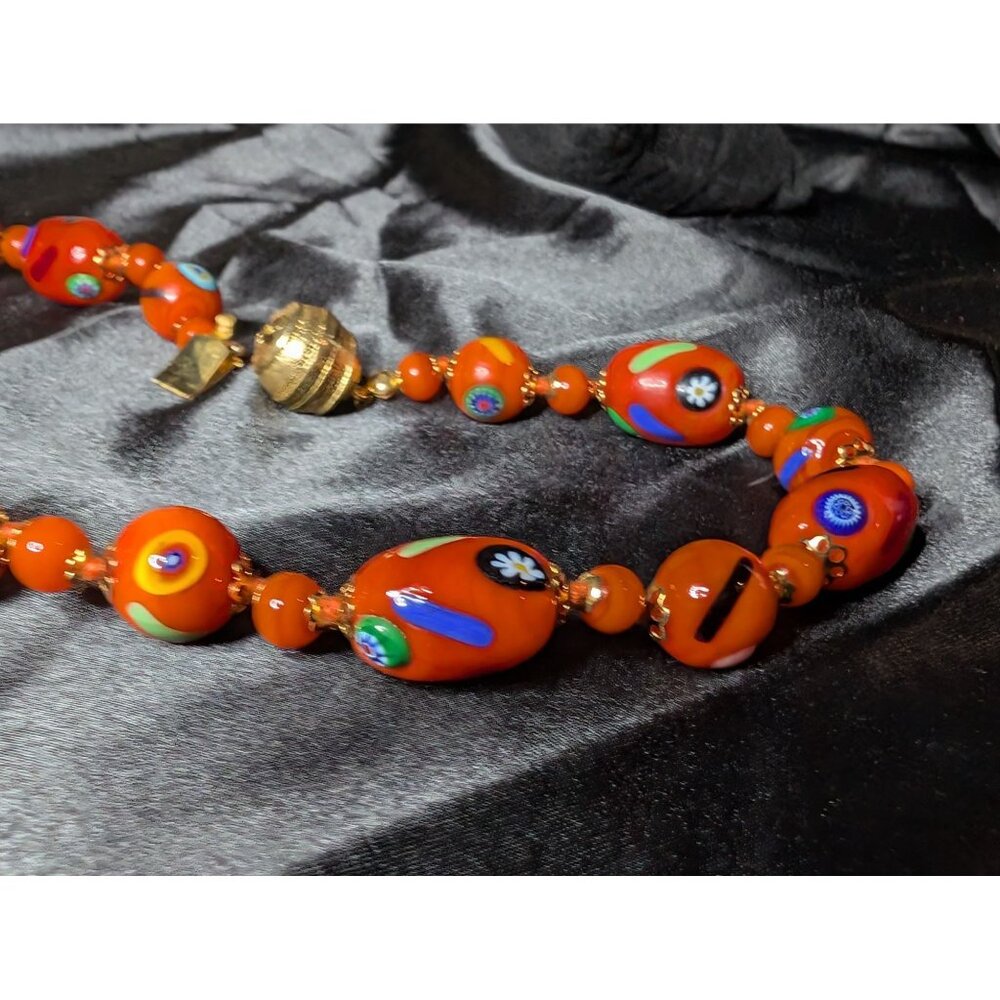 Handcrafted Vintage Orange Venetian Murano-style Millefiori Glass Bead Necklace